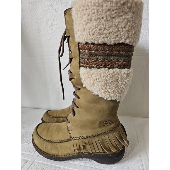 UGG Shoreline Shearling Sheepskin Leather Fringe Tall Boots Womens 7 Olive Green - Picture 5 of 15